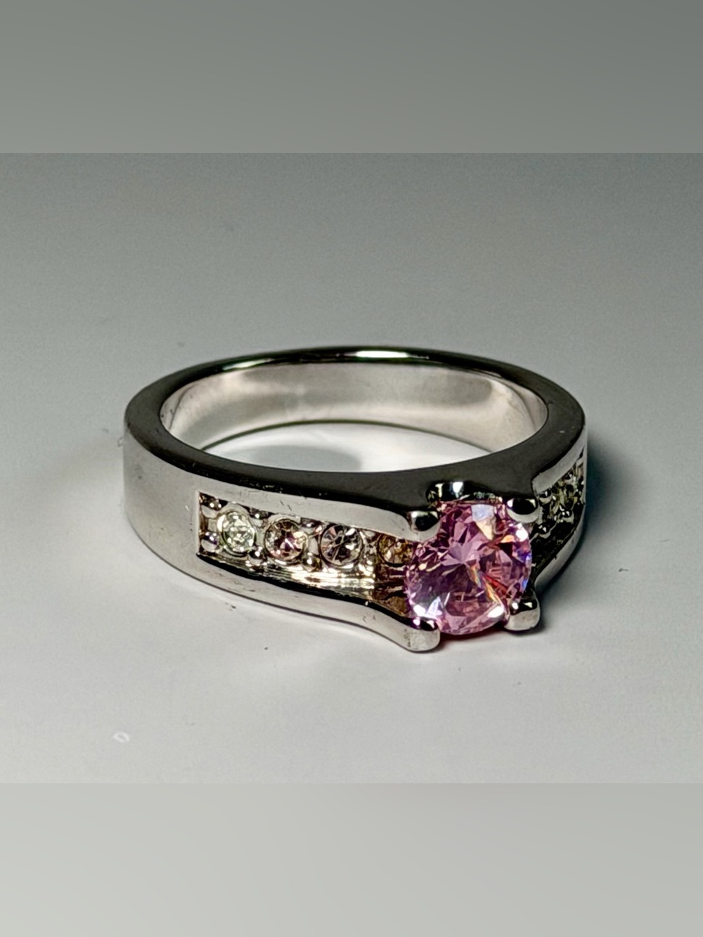 Pink Stone Ring Silver Tone Band Size 7 CZ Engagement Style Vintage Inspired
